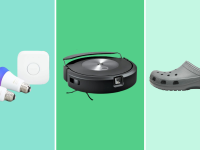 Smart lights, robot vacuum, and a Croc shoe against teal, green, and cyan backgrounds
