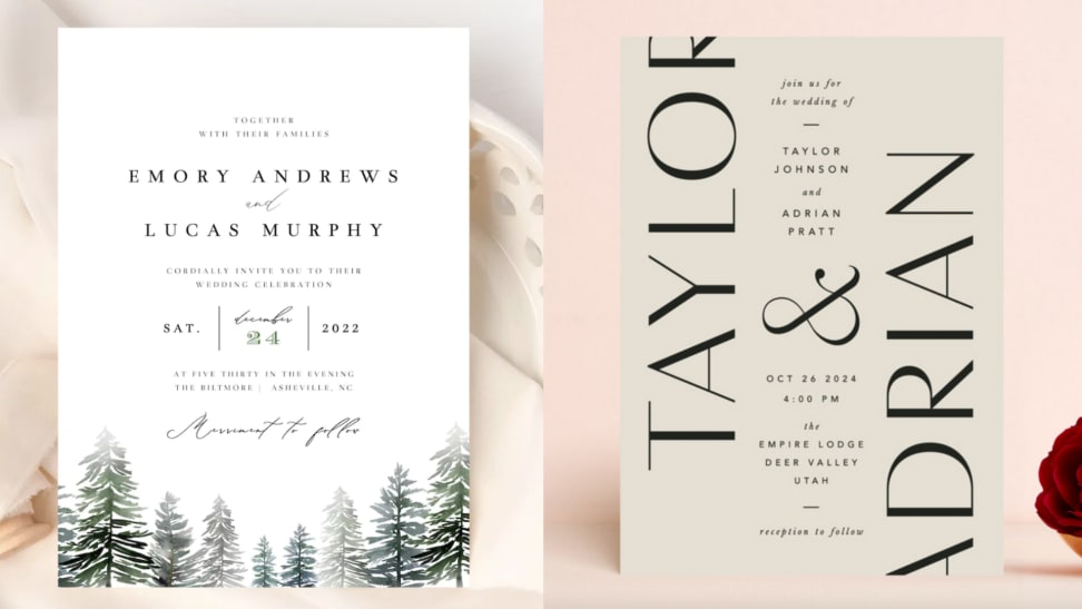 On left, white wedding invitation with pine green trees on front. On right, cream card with black writing.