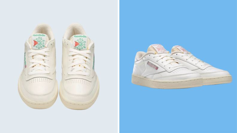 Pair of green and pink Reebok C85 shoes, above and from the side, on gray and blue backgrounds