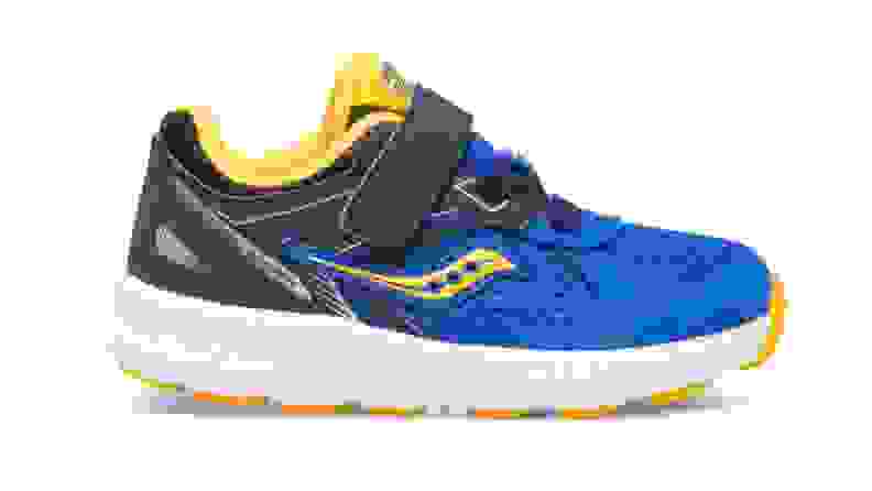 A blue pair of Saucony kids' shoes.