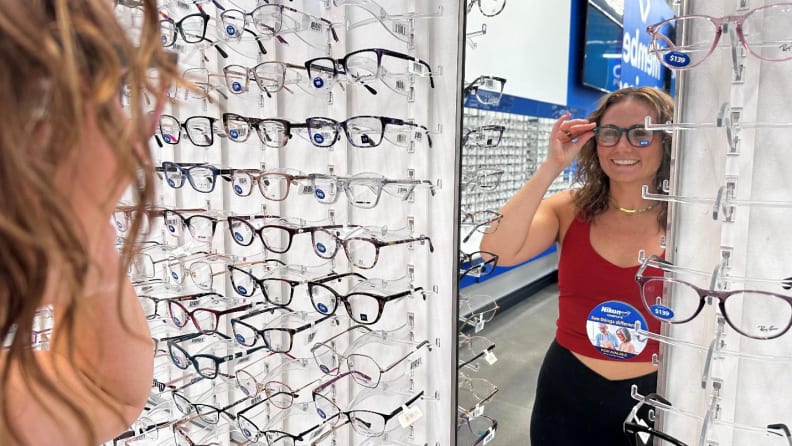 Jessica Roderick tries on eyeglasses at Sam's Club