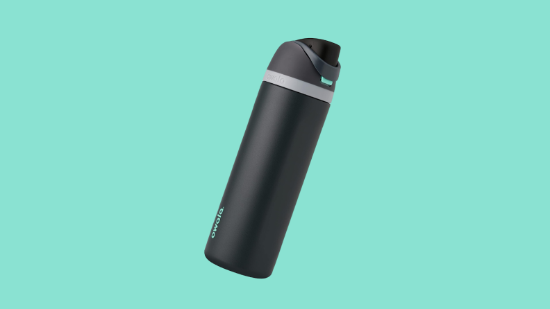 An Owala bottle floats over a teal background—it has a curved top.