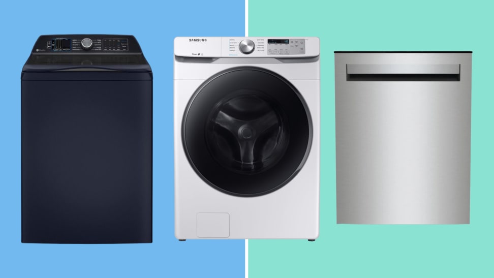 From left to right is the: GE Profile PTW900BPTRS washer, Samsung WF45R6100AW washer, and the Hisense HUI6220XCUS dishwasher.