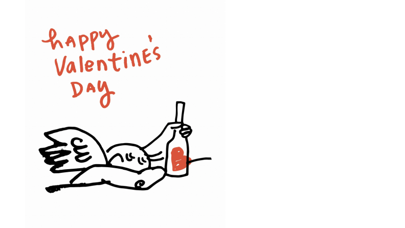 A cartoon cupid nurses a bottle of alcohol with a red heart on it. Above, handwritten, is a holiday greeting: Happy Valentine's Day.