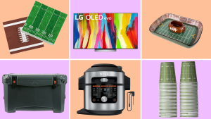 Assorted items to host the perfect Super Bowl Party including decorative napkins and cups, an LG TV, a Ninja Pressure Cooker,