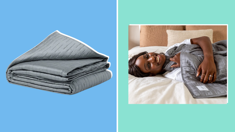 Image of the gravity cooling weighted blanket, folded, against a monochrome blue background. A second image shows a smiling person laying sideways across a bed, wrapped in the blanket