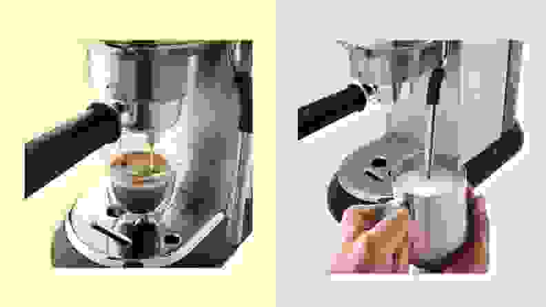 On left, close-up of De'Longhi Dedica Arte brewing espresso. On right, close-up of De'Longhi Dedica Arte frothing milk.