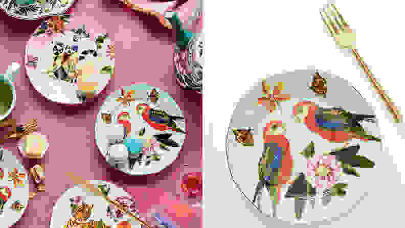 Image of desserts on a parrot and lemur decorated plate.