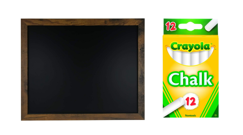 A large chalkboard is pictured next to a 12-pack of white chalk.