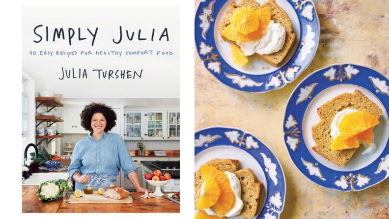 Left: A photo of the cookbook, Simply Julia. Right: Overhead photo of three white and blue bowls filled with orange and Greek yogurt cake.