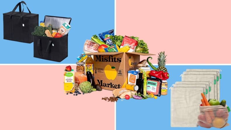 Reusable grocery bags, produce bags, and an overflowing Misfits Market box on a pink and blue background.