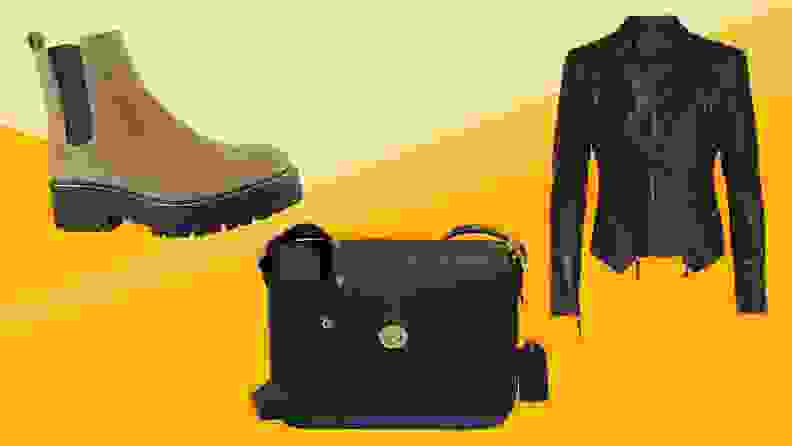 Brown boots, a black bag and a black jacket on yellow background
