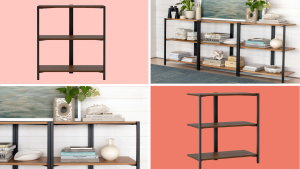 Four product shots of a bookshelf made of iron and wood shelves.