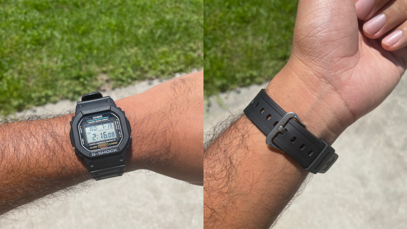 G-Shock DW5600E on wrist, underside of DW5600E