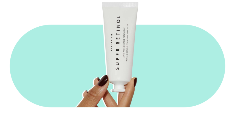 A tube of Beauty Pie Super Retinol Anti-aging Hand Treatment on a colorful background