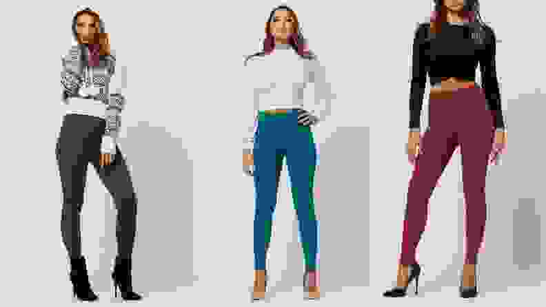 Three different images: On the far left, a model poses in warm, winter-themed activewear and high heels. In the center, the same model poses in a white long-sleeved shirt and blue leggings. To the right, the model is shown in a black long-sleeved shirt and maroon leggings.