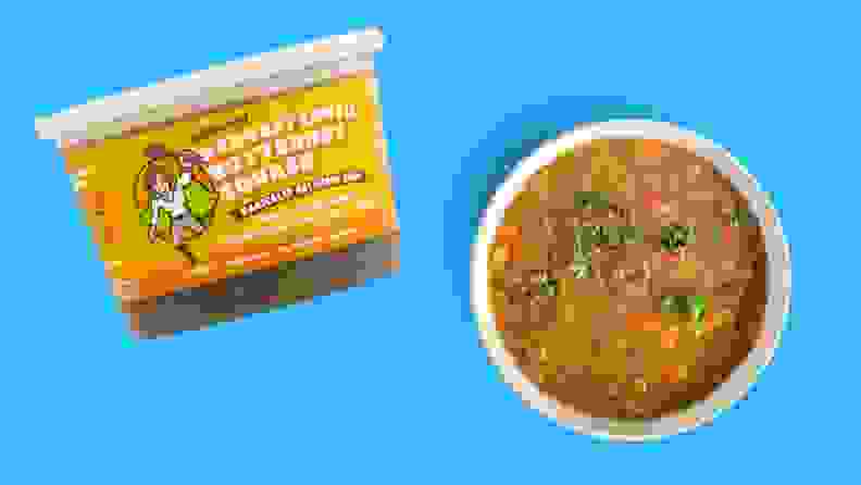 Left: Packaging for Soupergirl Harvest Lentil Butternut Squash soup. Right: A bowl of the lentil soup is garnished and ready to eat.