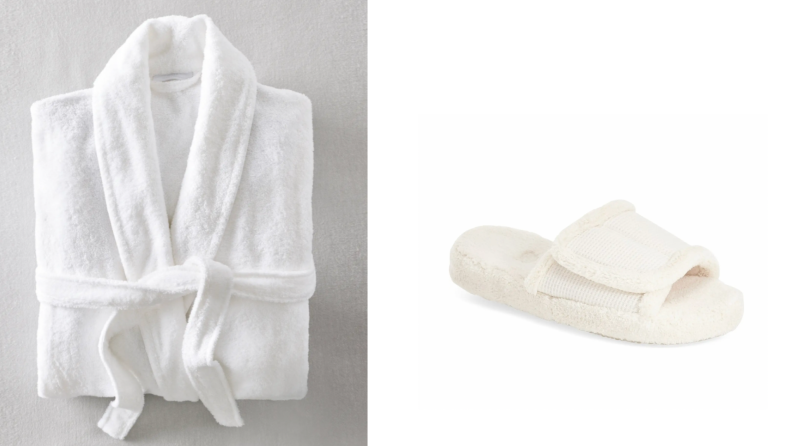 On the left, a white robe folded up. On the right, a white sandal slipper.