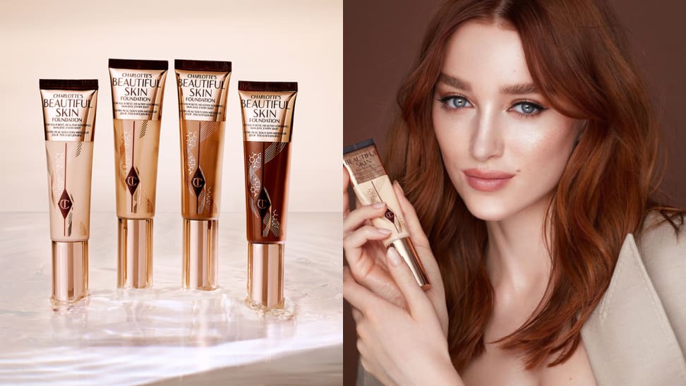 On the left: Four squeeze tube bottles of foundation in different shades stand in a line. On the right: Actress Phoebe Dynevor smiling at the camera and holding a squeeze tube of foundation.