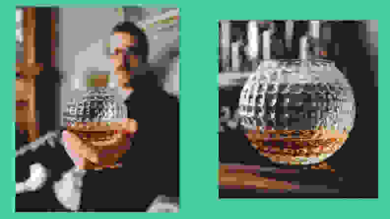 Man holding a Golf ball whiskey glass next to a product photo of the glass on a green backround.