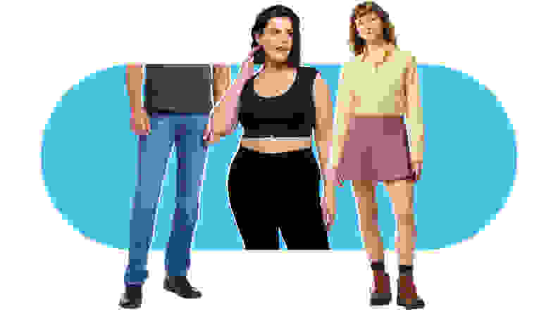 A collage of three people respectively wearing blue jeans and black shoes, a black crop top, and a beige button-down with a brown skirt.