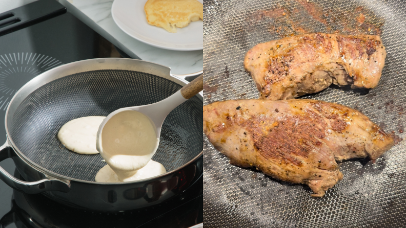 Photo collage of liquid pancake mix and two chicken breasts cooking inside of the Titanium Always Pan Pro.