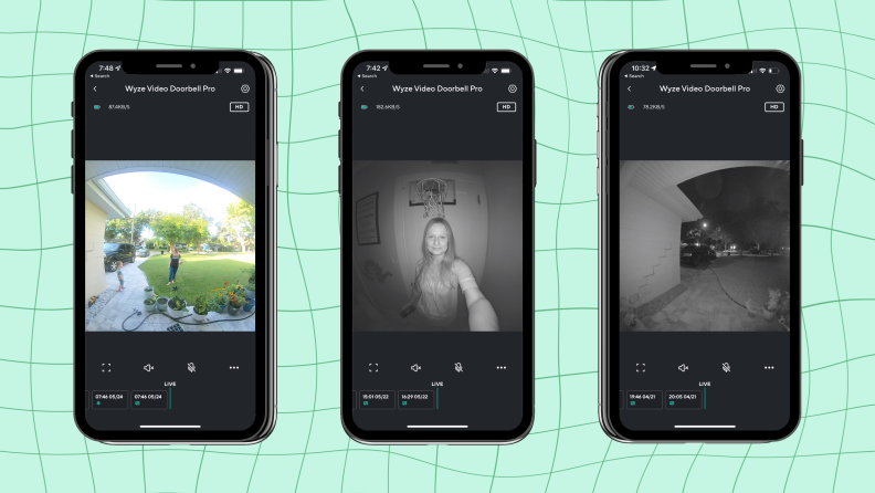 Three app screenshots that show the day and night view from the Wyze Video Doorbell Pro