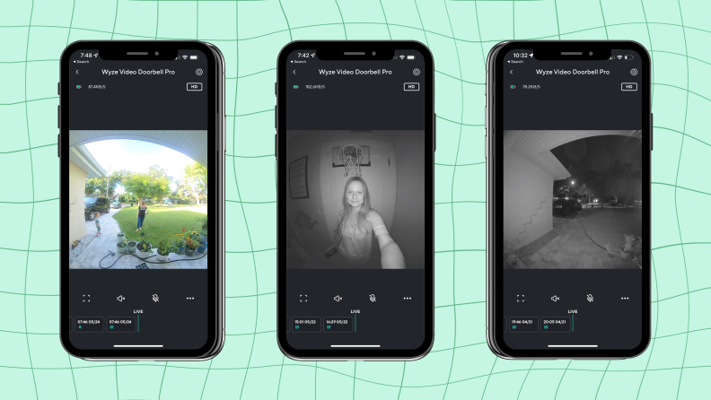 Wyze视频门铃Pro的三个应用程序截图显示了昼夜视图