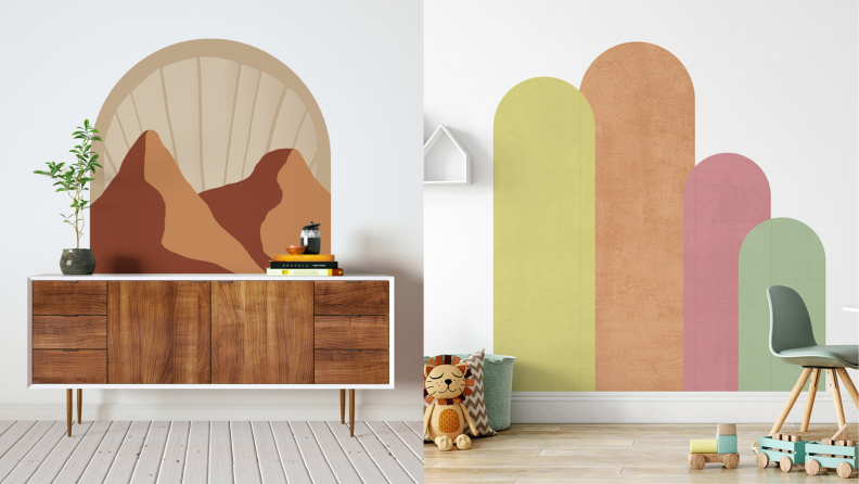 Two rooms with painted arch stickers.