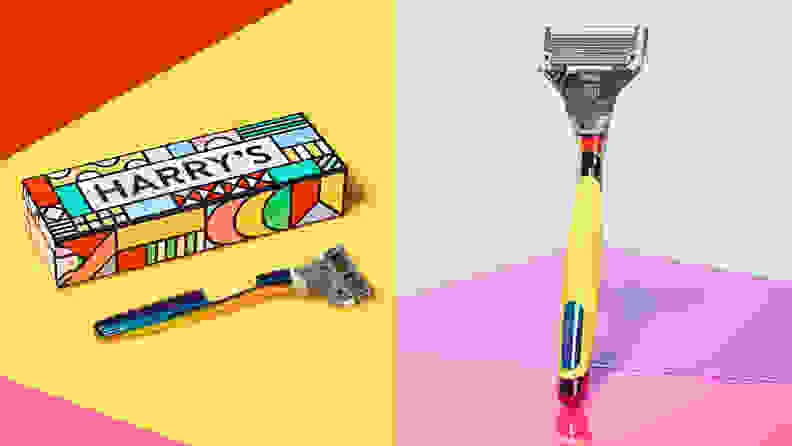 A Harry's razors pride set and Harry's razor, against abstract yellow, red, pink, and blue backdrop.