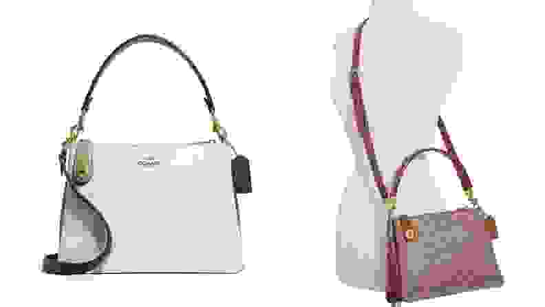 On left, cream, white and tan Coach Turnlock Clasp Satchel purse. On right, cream, white and tan Coach Turnlock Clasp Satchel purse being displayed on white mannequin.