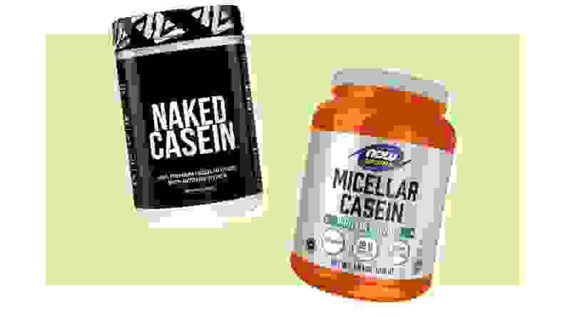 Two jugs of protein powder from Naked Nutrition and Now Nutrition.