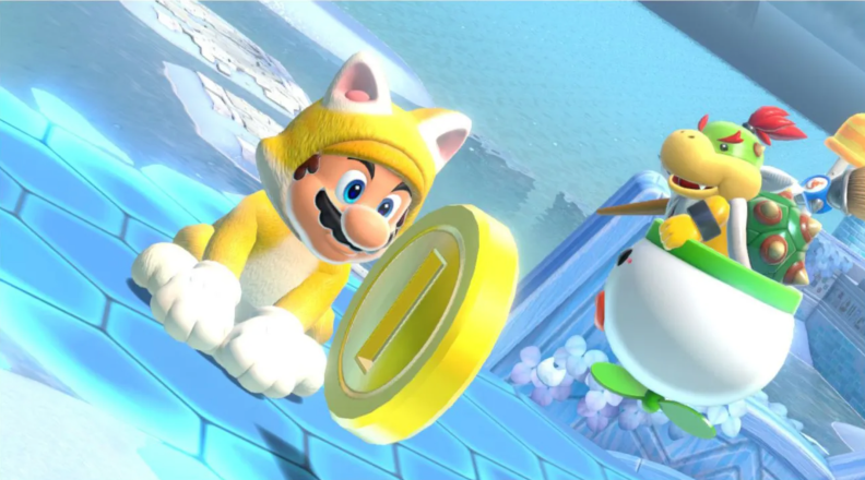 Screen grab of Nintendo character Mario in animated game.