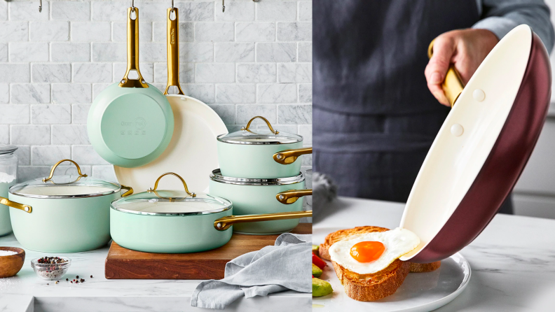 Left: GreenPan mint green cookware set on marble surface. Right: person sliding a fried egg off of a GreenPan skillet onto a piece of bread
