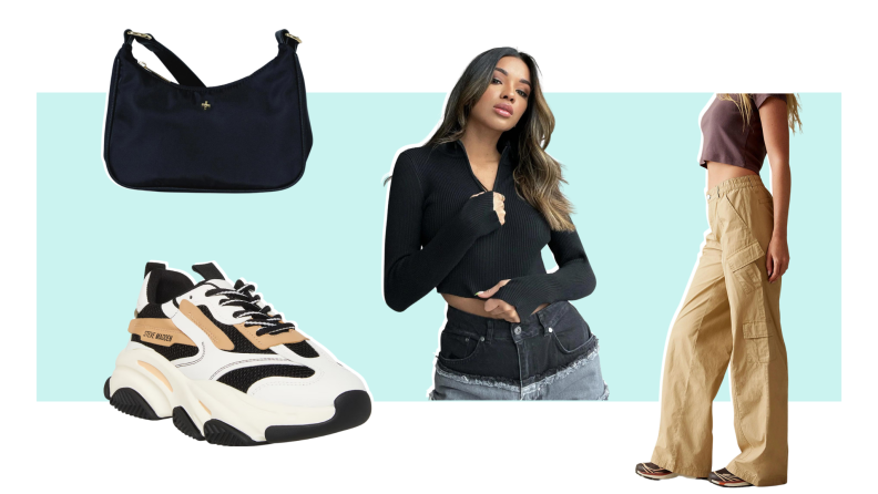 A white and tan sneaker, a black handbag, a model wearing a black top, and a model wearing khaki cargo pants.