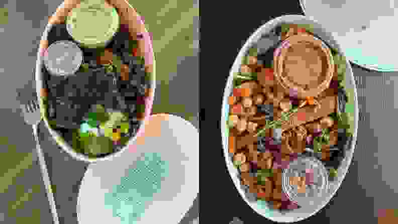 Two Methodology salads in their respective containers, shot from above
