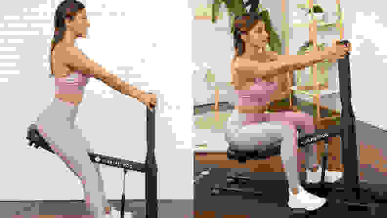 Woman using DB method squat machine.