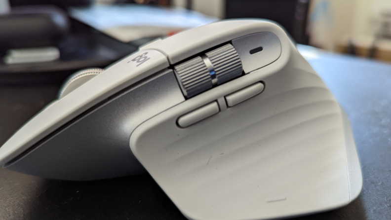 Close up of a Logitech computer mouse.