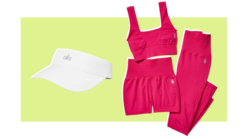 A white visor, and fuchsia yoga gear.