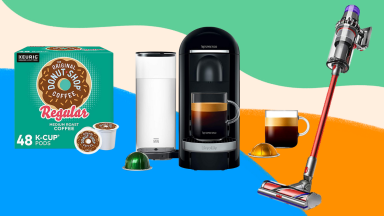 A box of Keurig coffee pods, a Nespresso coffee machine, and a Dyson vacuum on a multi-coloured background.