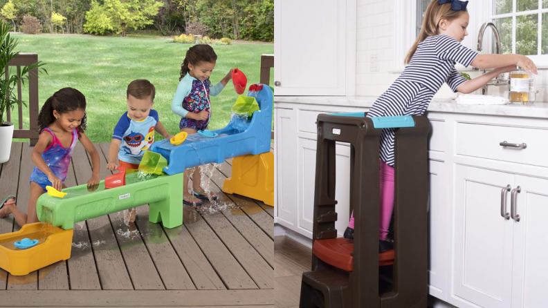 Kids play with a water table and another is on a climbing stool.