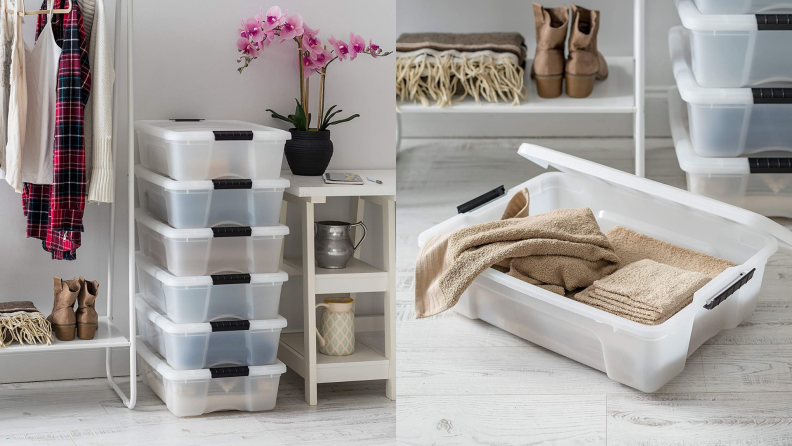 On left, organizing bins stacked on top each other in closet. On right, clothes folded in bin.