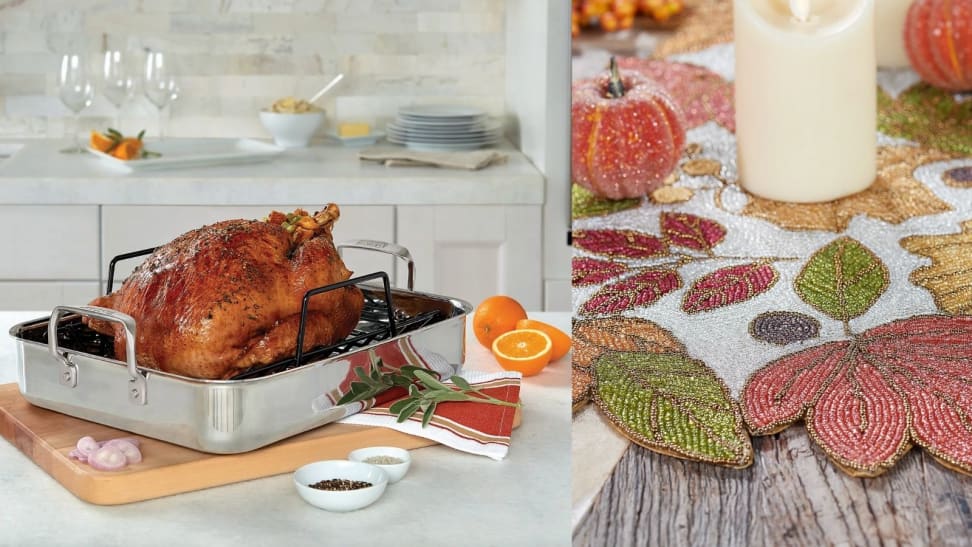 Left: Turkey in roasting pan; Right: Beaded leaf table runner