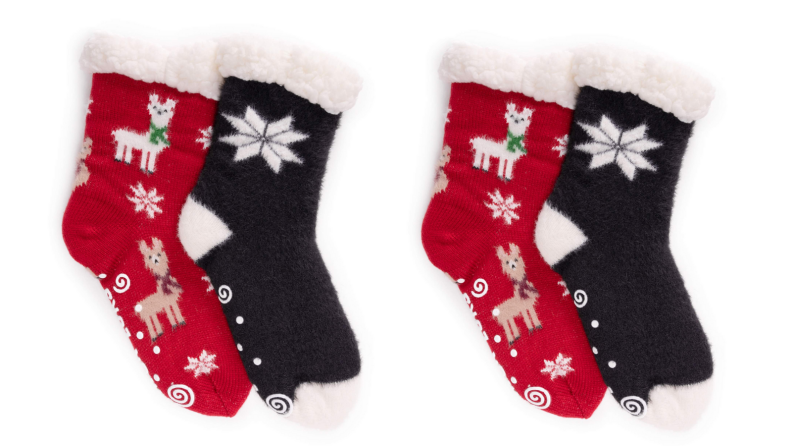 Two images of the same two pairs of shearling lined socks in wintery prints.