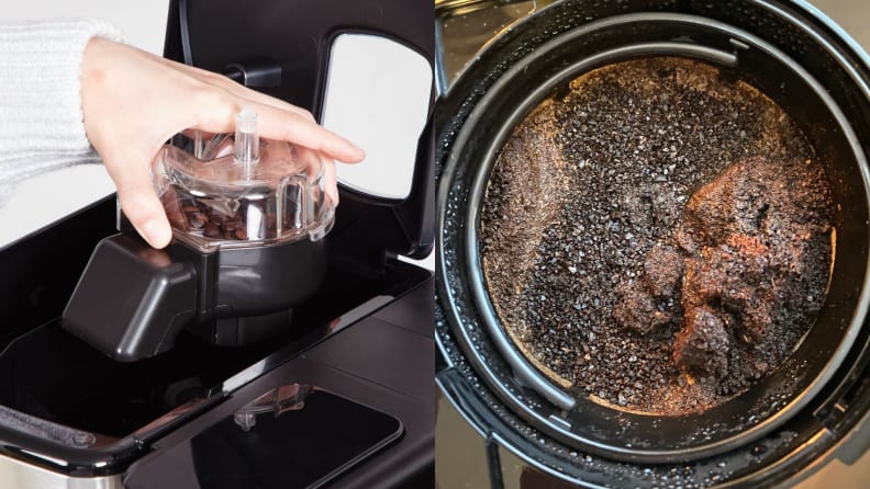 Left: A hand placing the grinder inside the machine. Right: A look inside the inconsistency grinded coffee beans.