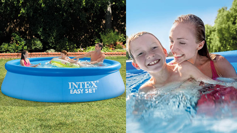 On right, family of three playing in pool together outdoors. On right, mother and son enjoying playing in pool together.