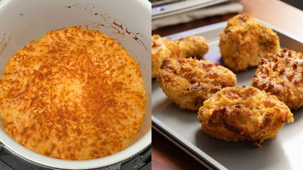 Left: close-up of buffalo chicken dip with crispy topping. Right: baking sheet of air fried chicken thighs