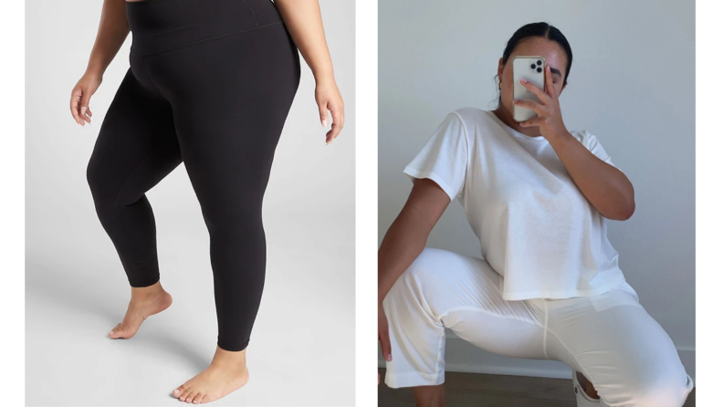 The image is split in two. On the left, a model strikes a pose in black yoga pants. Right: A model poses in white yoga attire.