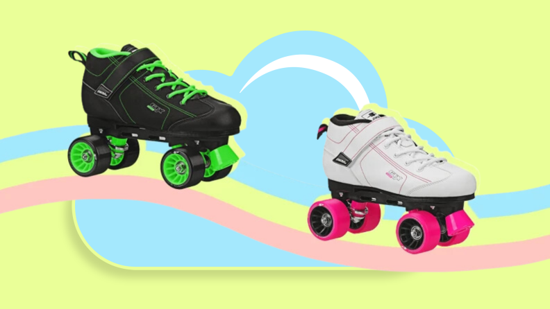A black roller skate and a white roller skate on a rainbow.