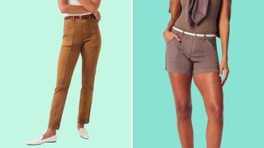 Two images of Spanx pants. The first is a pair of camel-colored, tapered twill pants, the second is a pair of rosy, near-gray shorts in twill.